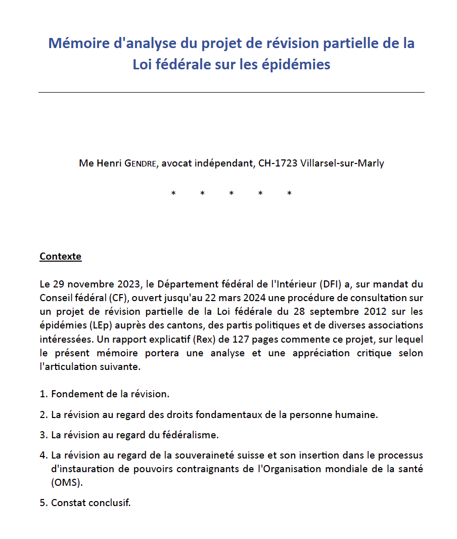 Me Henri GENDRE_2024_Mémoire d'analyse du projet de révision partielle de la Loi fédérale sur les épidémies_FR_V02_COVER