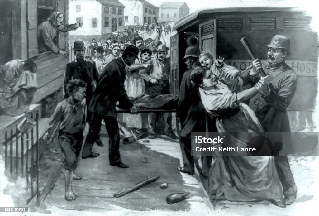 Vintage engraving depicts Milwaukee residents resisting the transfer of smallpox patients to the isolation hospital in 1894.